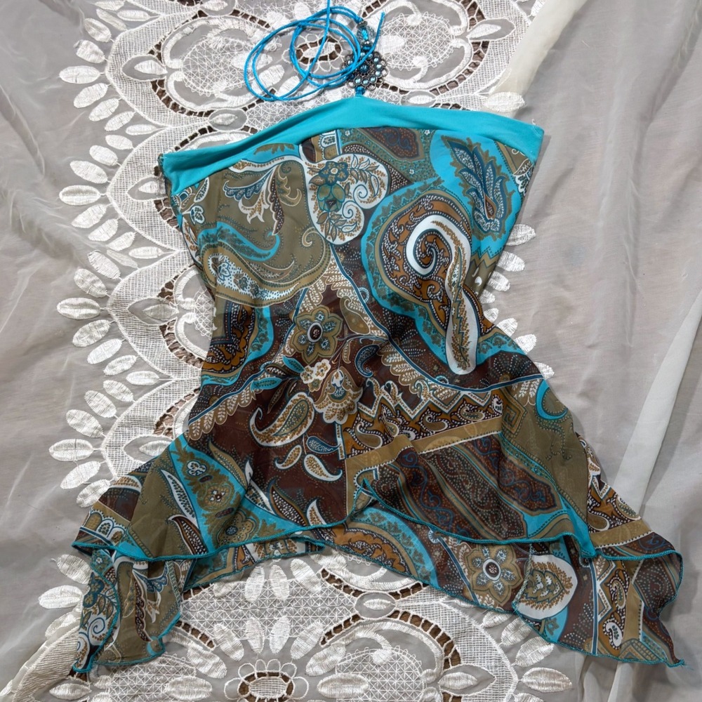 RARE Babydoll Lipstick Y2K Paisley Handkerchief Halter Top Turquoise Brown Small